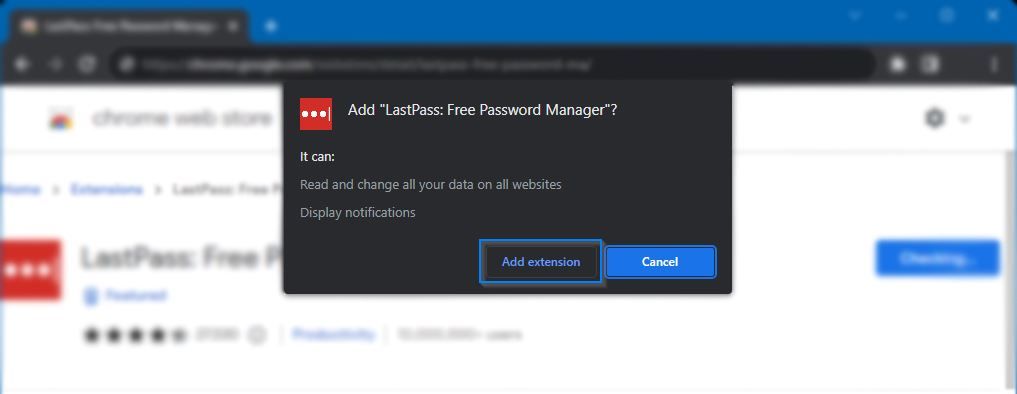 всплывающее окно подтверждения установки расширения LastPass в Chrome