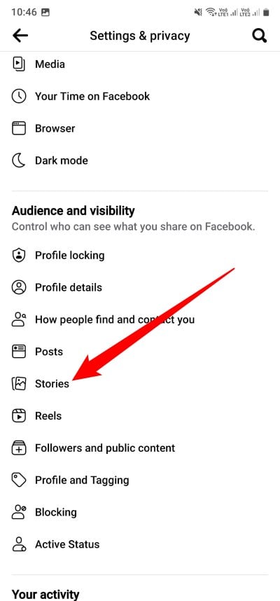 Пункт меню Истории в настройках Facebook