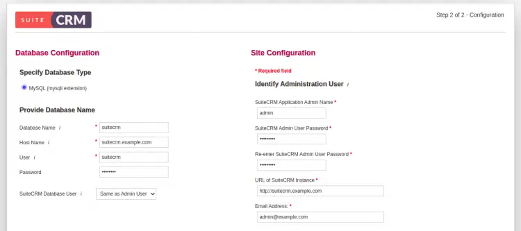 Конфигурация базы данных и сайта SuiteCRM