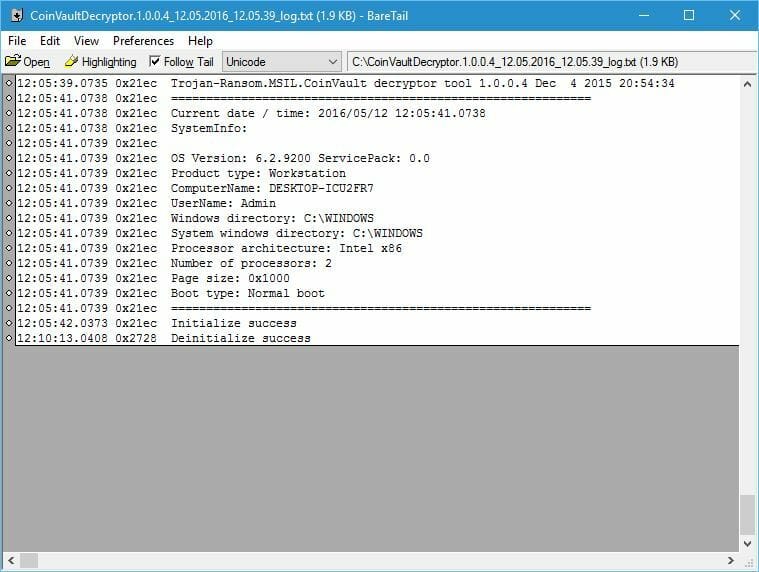 Окно Bare Tail в режиме real-time просмотра логов