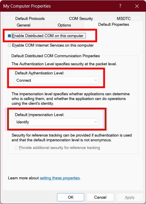 Настройка Default Impersonation Level на Identify