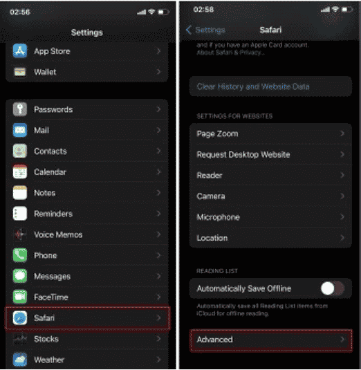 Настройки Safari и данные сайтов