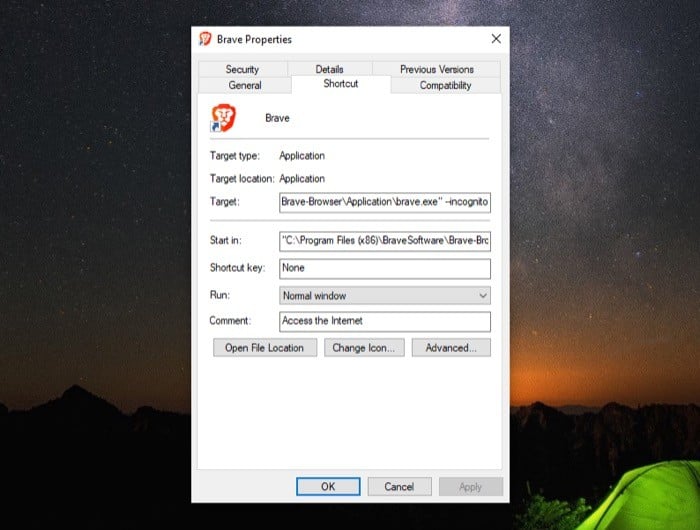 Свойства ярлыка Brave в Windows