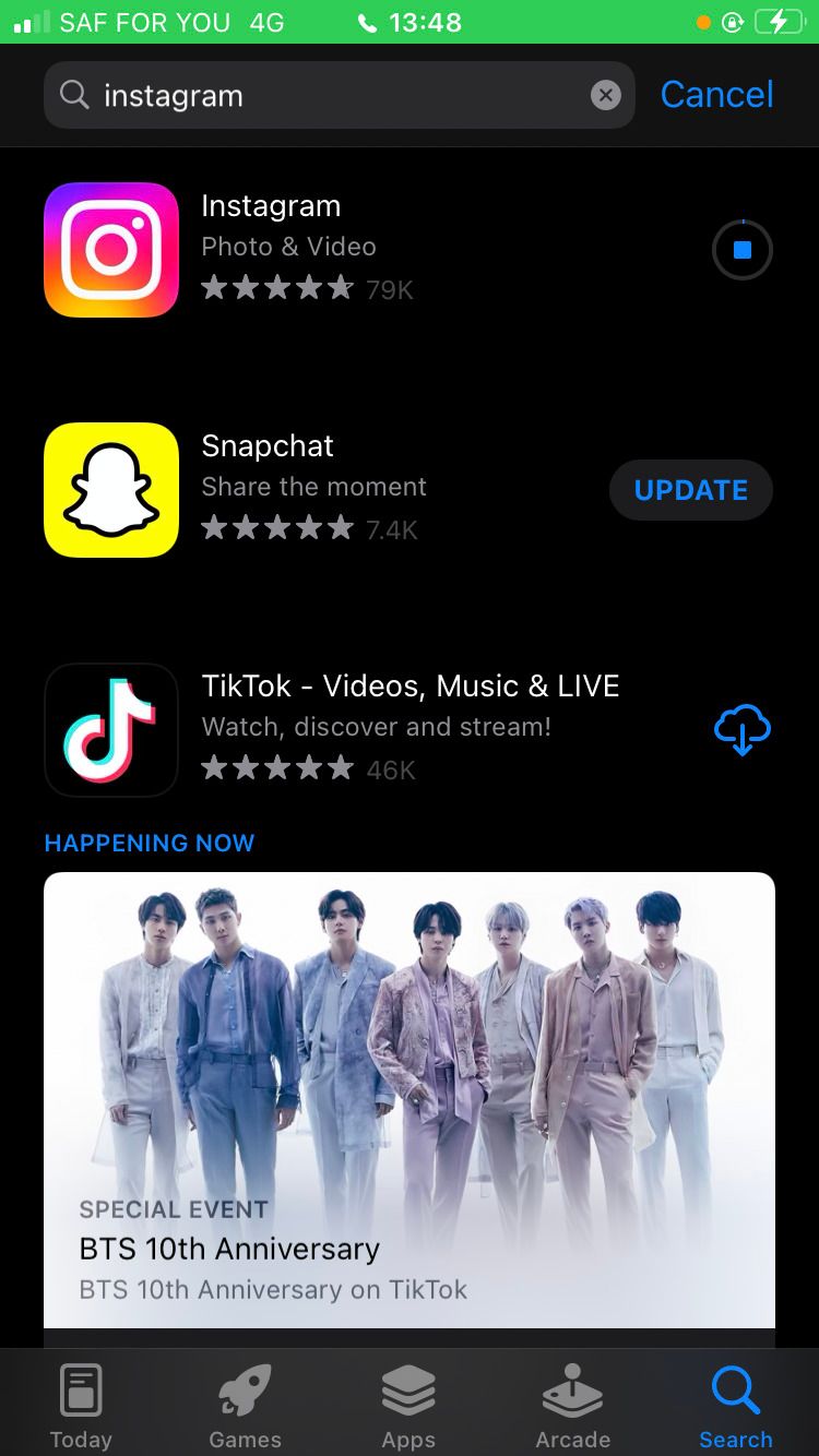 Загрузка обновления Instagram в App Store на iPhone
