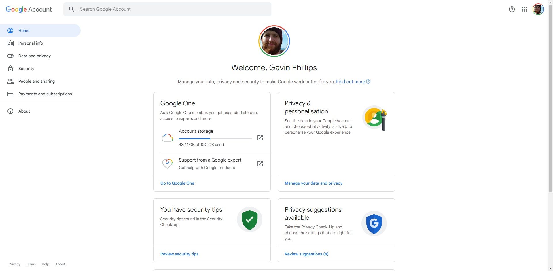 Страница управления аккаунтом Google