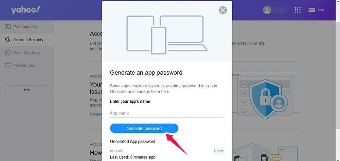Опция генерации паролей приложений в Yahoo