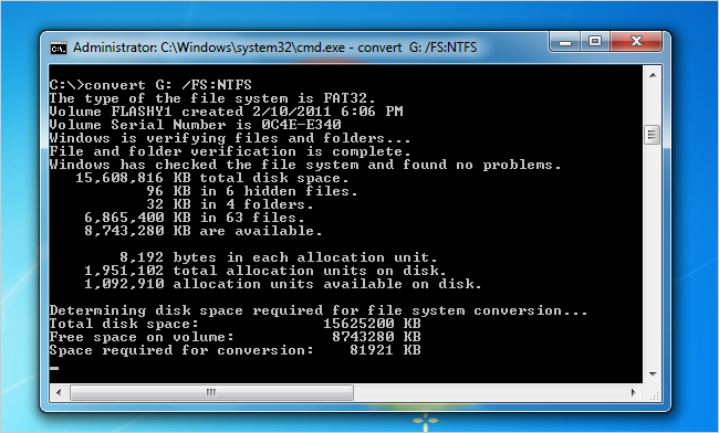 Процесс конвертации файловой системы в NTFS