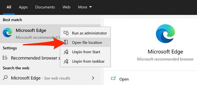 Microsoft Edge в меню Пуск Windows 10 — выделен элемент результатов поиска