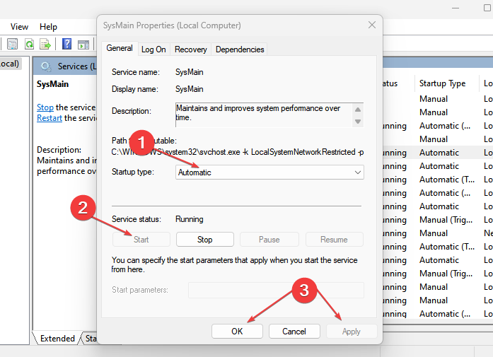 Изменение типа запуска на Автоматически и кнопка Запуск