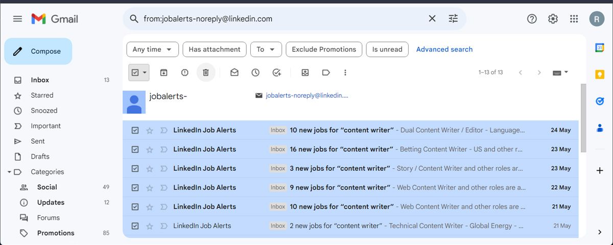 Удалить все письма от одного отправителя