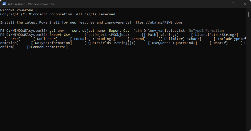 Скриншот: экспорт переменных окружения в CSV