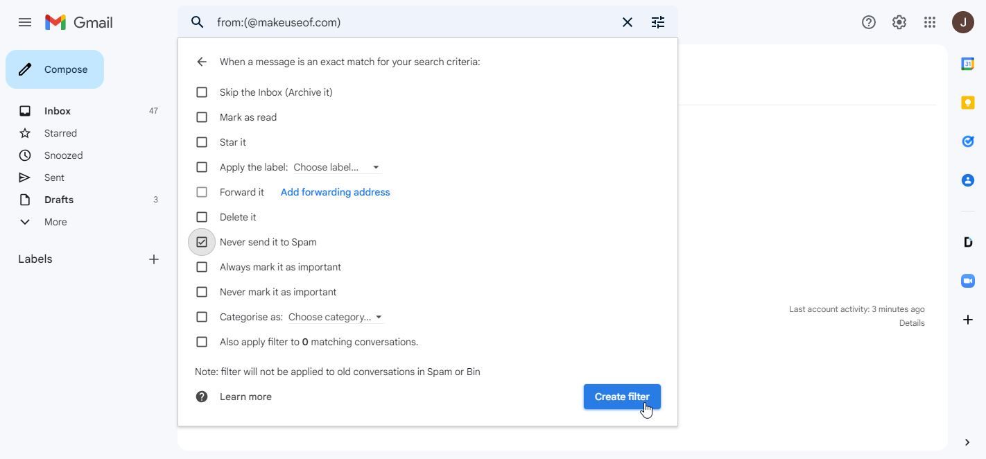 Снимок экрана опции Никогда не отправлять в Спам в Gmail