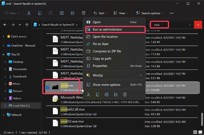 Cmd.exe en System32 listo para ejecutar como administrador