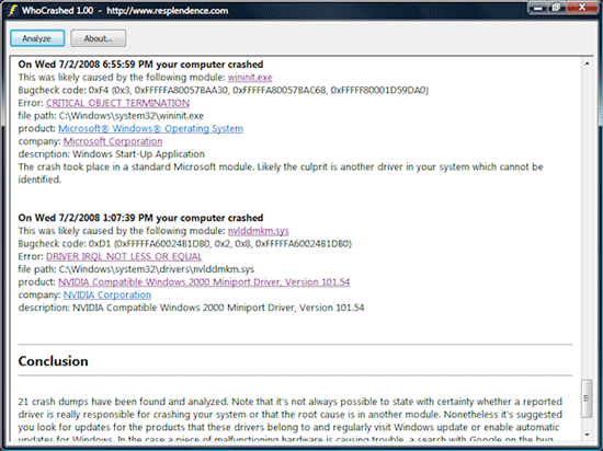 WhoCrashed показывает идентифицированный модуль драйвера в отчёте