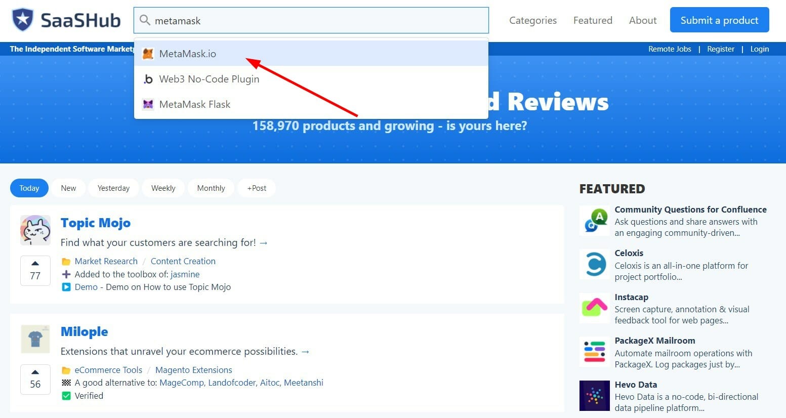 Поиск MetaMask на странице статуса