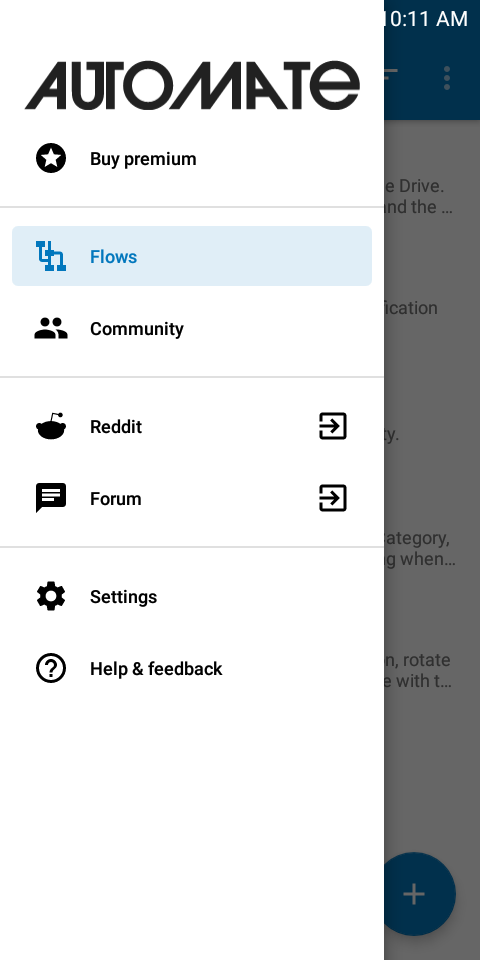 Боковая панель Automate с доступными потоками