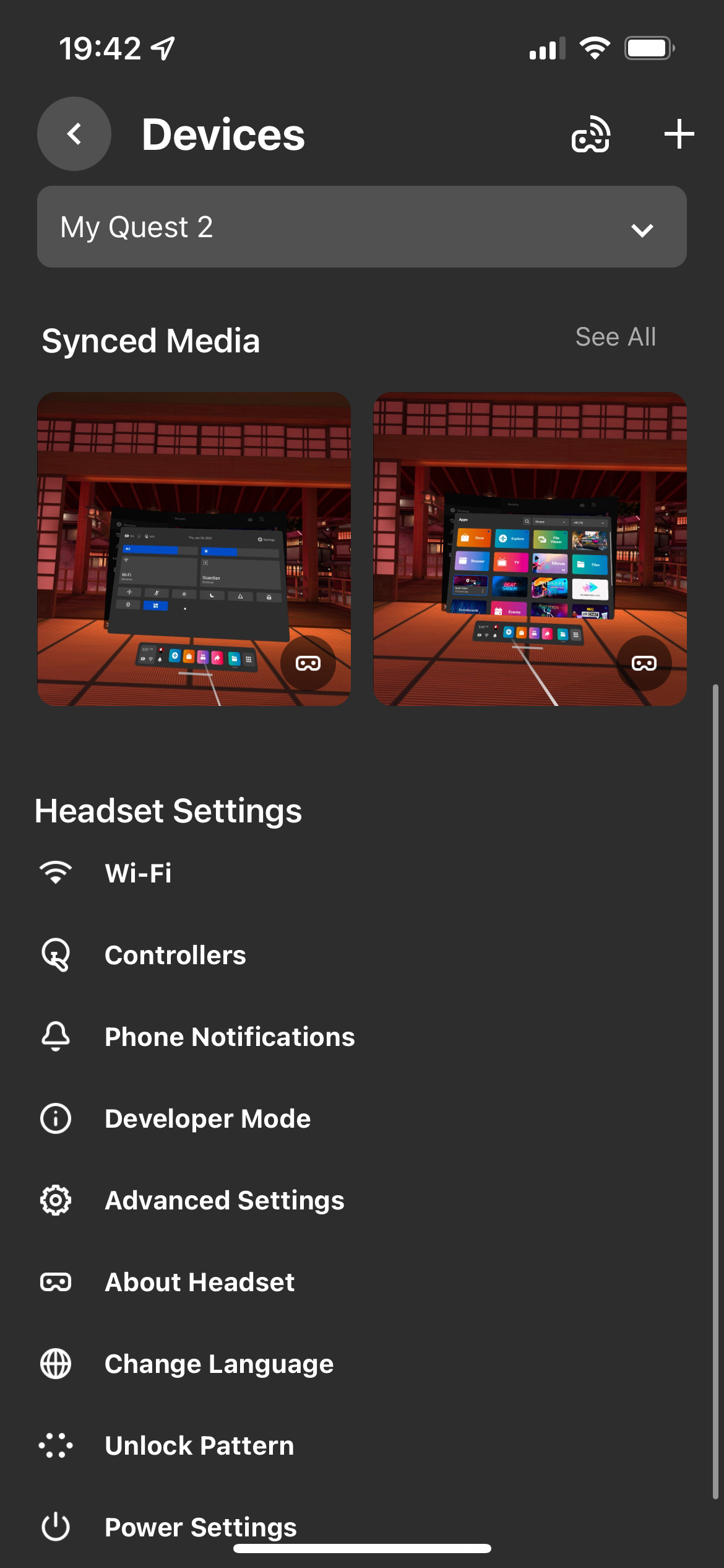 Oculus App Device Menu