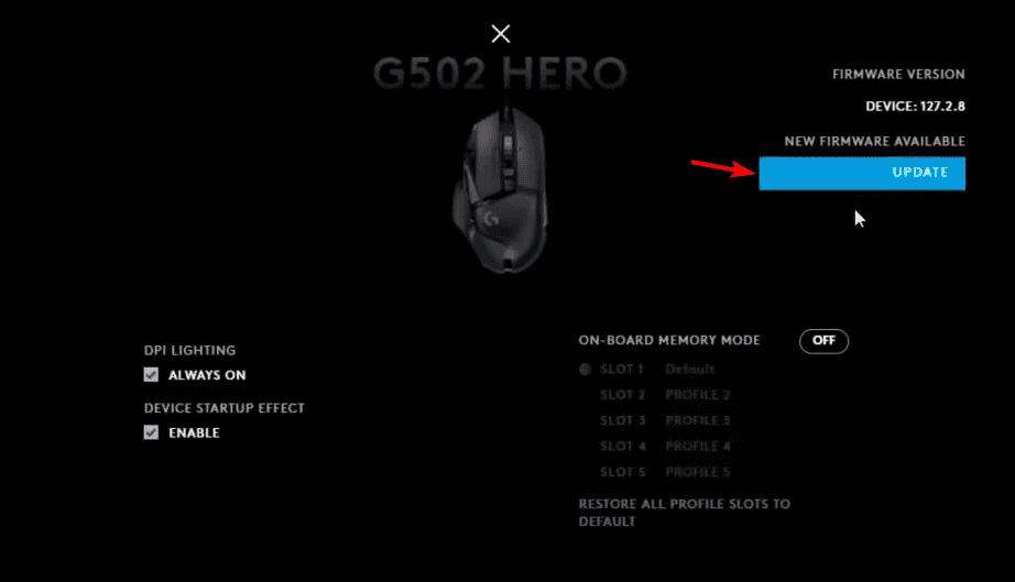 экран обновления прошивки в Logitech G HUB