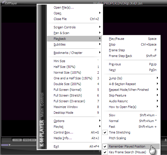 Пункт меню KMPlayer: Remember Played Position