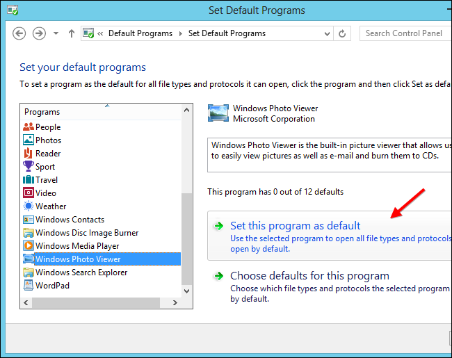Список приложений в Программах по умолчанию — выбор Windows Photo Viewer