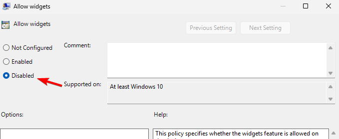Параметр 'Разрешить виджеты' установлен в 'Отключено'