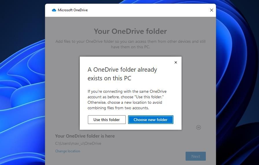 Кнопка Выбрать новую папку в OneDrive