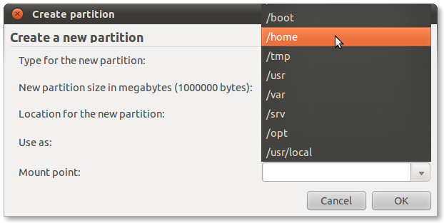 Разметка /home в установщике