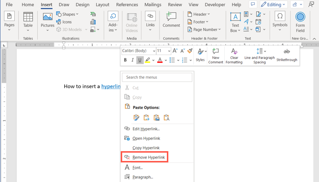 Команда «Удалить гиперссылку» в меню