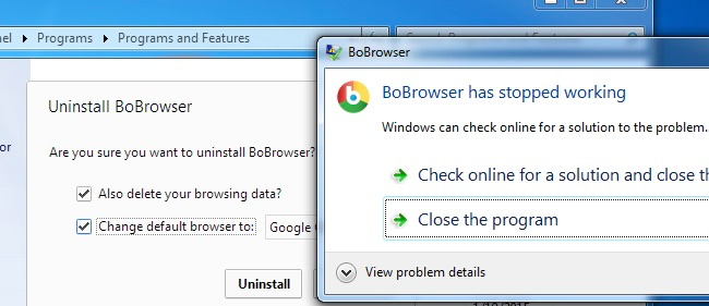 Диалог ошибки деинсталляции с уведомлением, что программа перестала отвечать