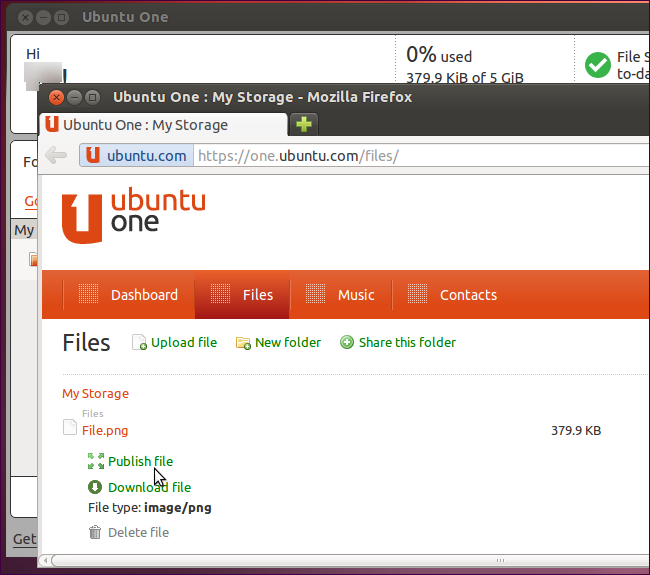 Опция публикации файла в веб-интерфейсе Ubuntu One