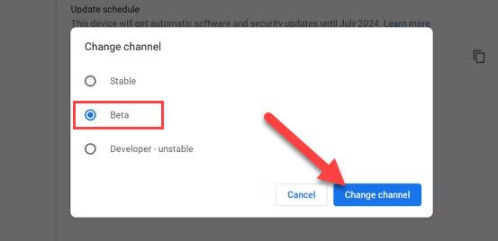 Переключение на бета‑канал Chrome OS.