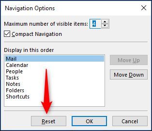 Кнопка «Сбросить» в окне параметров навигации