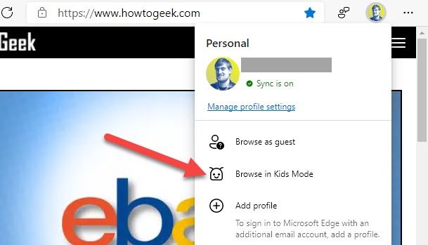 Выбор Browse in Kids Mode в меню профиля