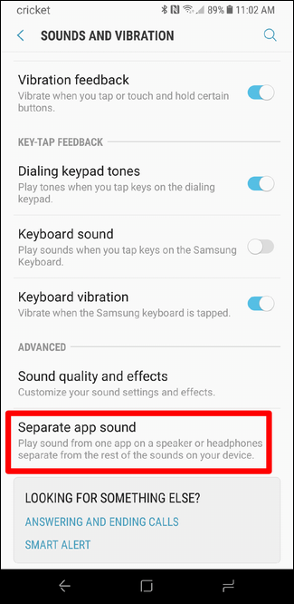 Параметр Separate Sound App внизу меню Звуки и вибрация