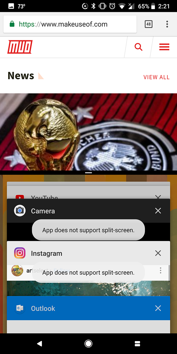 Пример настроек разделённого экрана на Android
