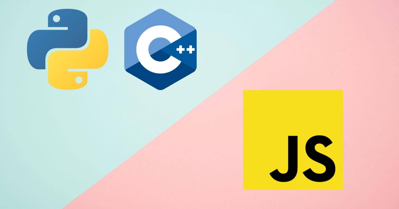 Небесно-голубой и розовый фон с логотипами C++, Python и JavaScript
