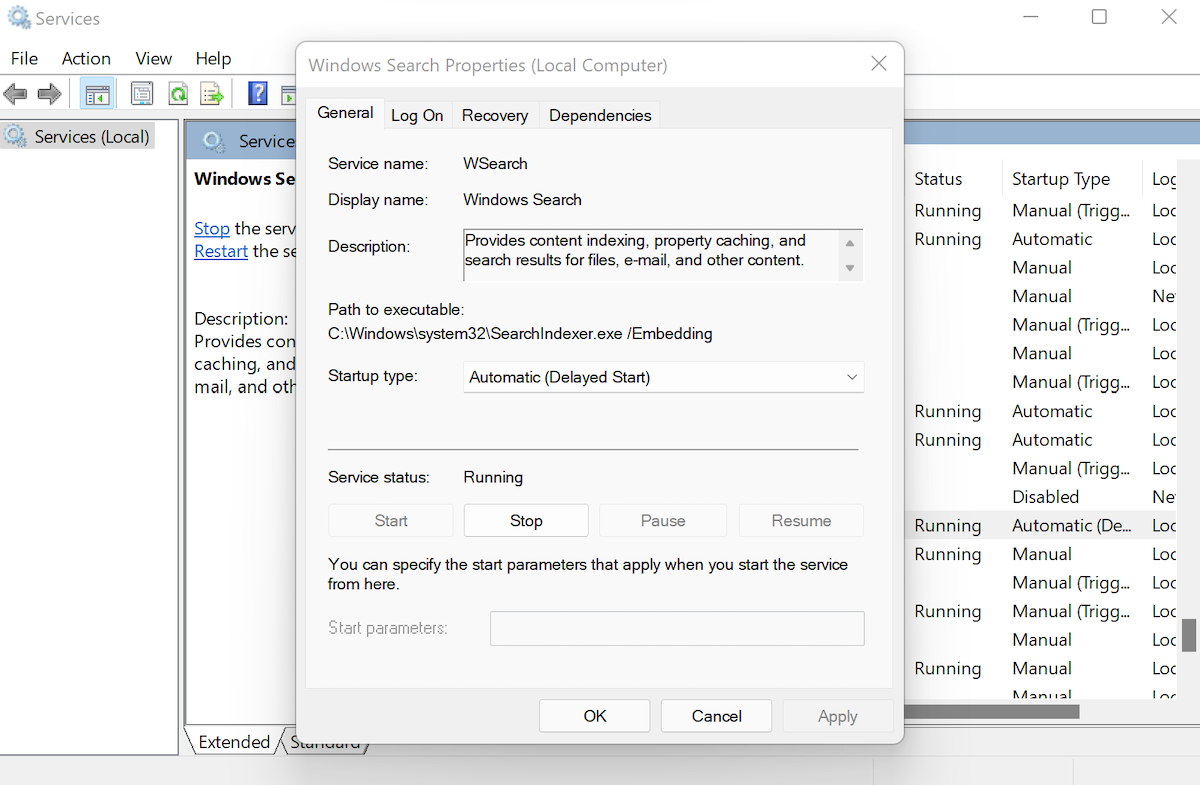 Окно свойств службы Windows Search