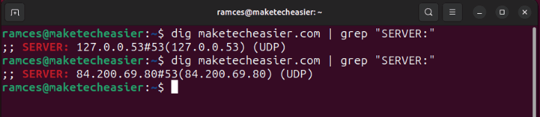Терминал с изменёнными DNS-серверами в Ubuntu-сессии.