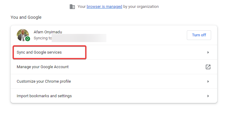 Параметры Синхронизация и сервисы Google в Chrome