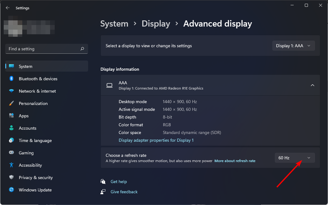 Выбор частоты обновления дисплея в Windows 11
