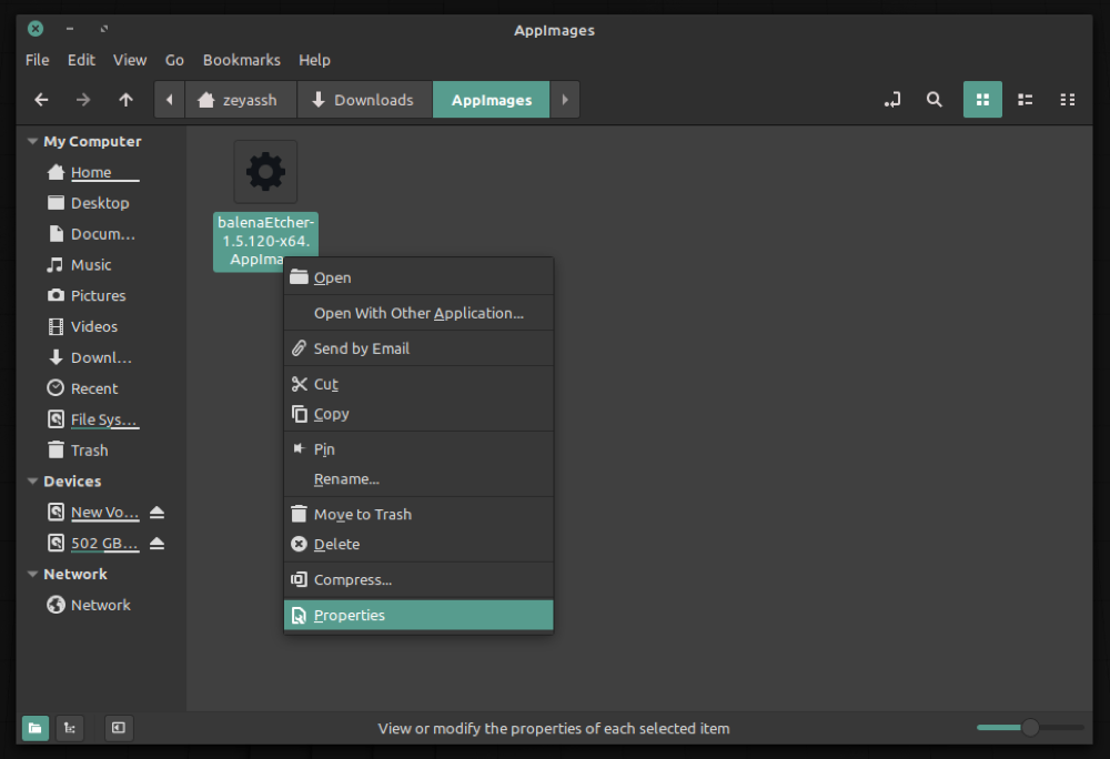 Окно свойств файла в файловом менеджере: разрешение на исполнение