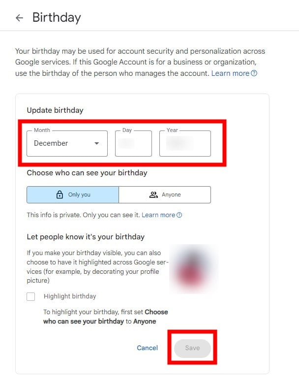Обновление даты рождения в аккаунте Google