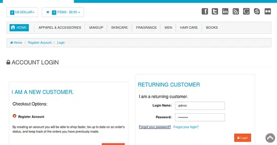 Страница входа AbanteCart