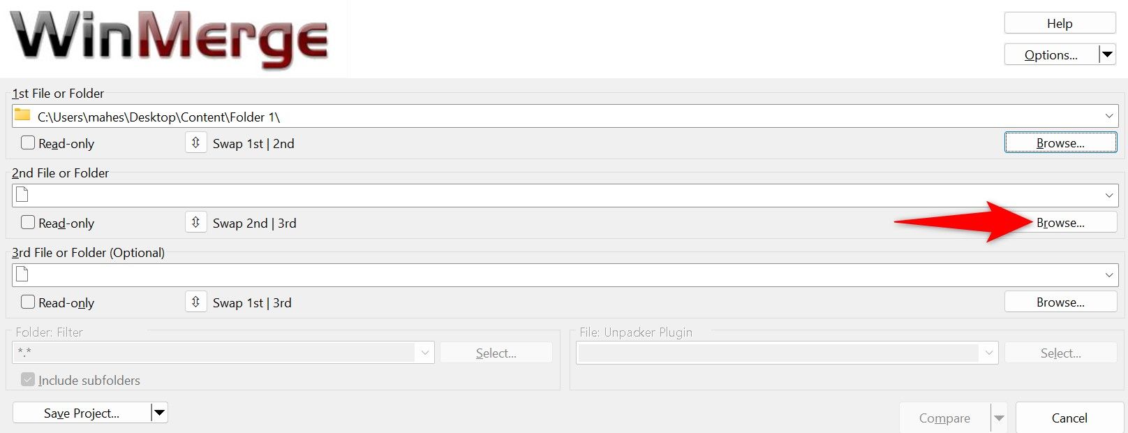 Кнопка Обзор для второго файла или папки в WinMerge выделена.