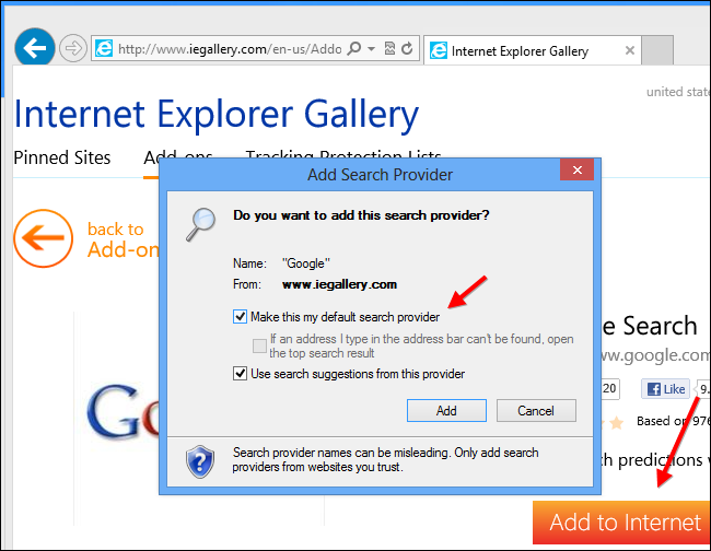 Смена поисковой системы в Internet Explorer