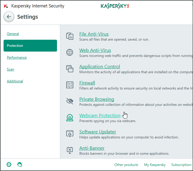 Параметр защиты веб‑камеры в Kaspersky