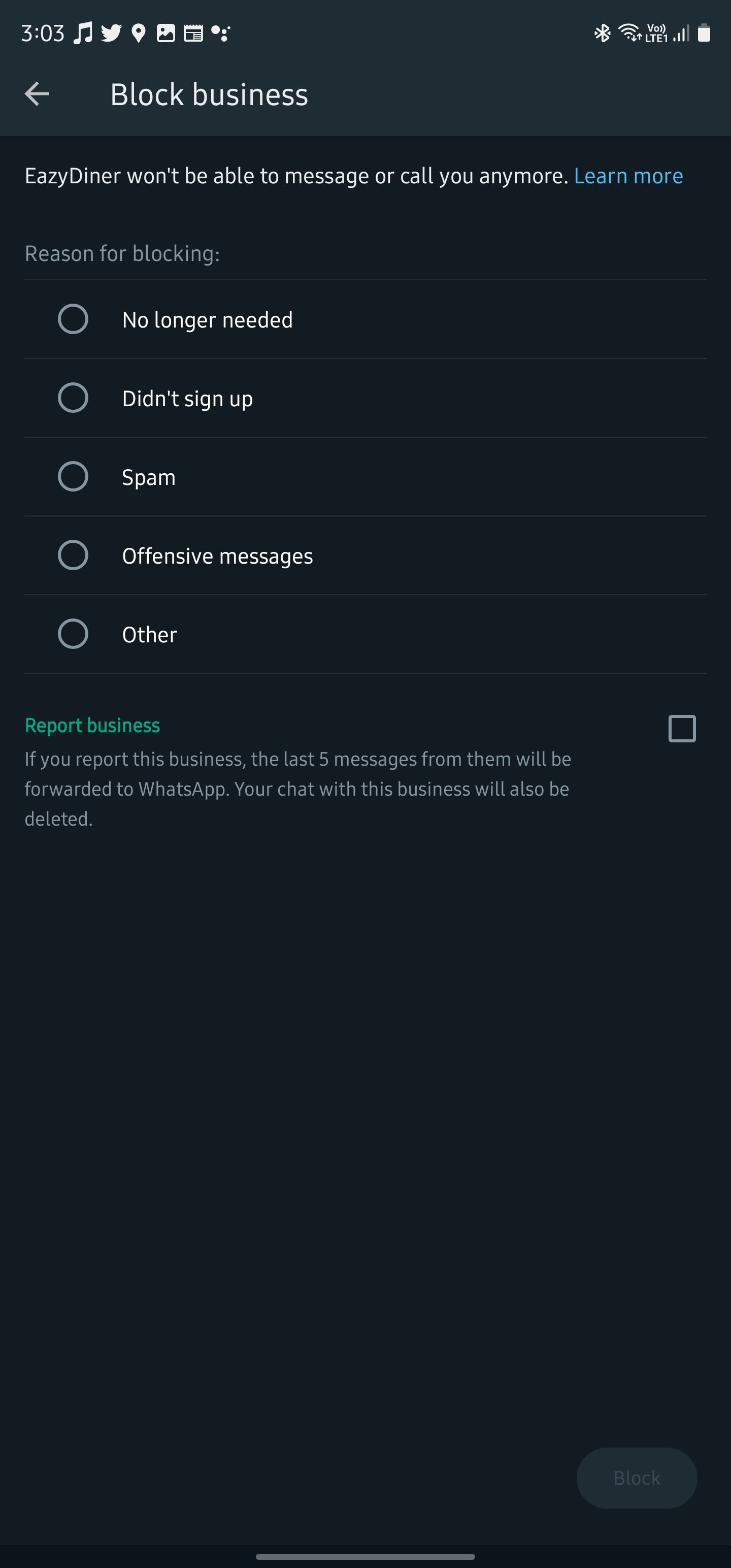 Блокировка бизнеса в WhatsApp — экран подтверждения действия