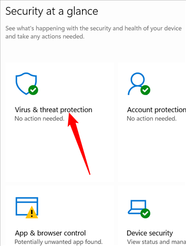 Нажмите «Защита от вирусов и угроз» в приложении «Безопасность Windows»