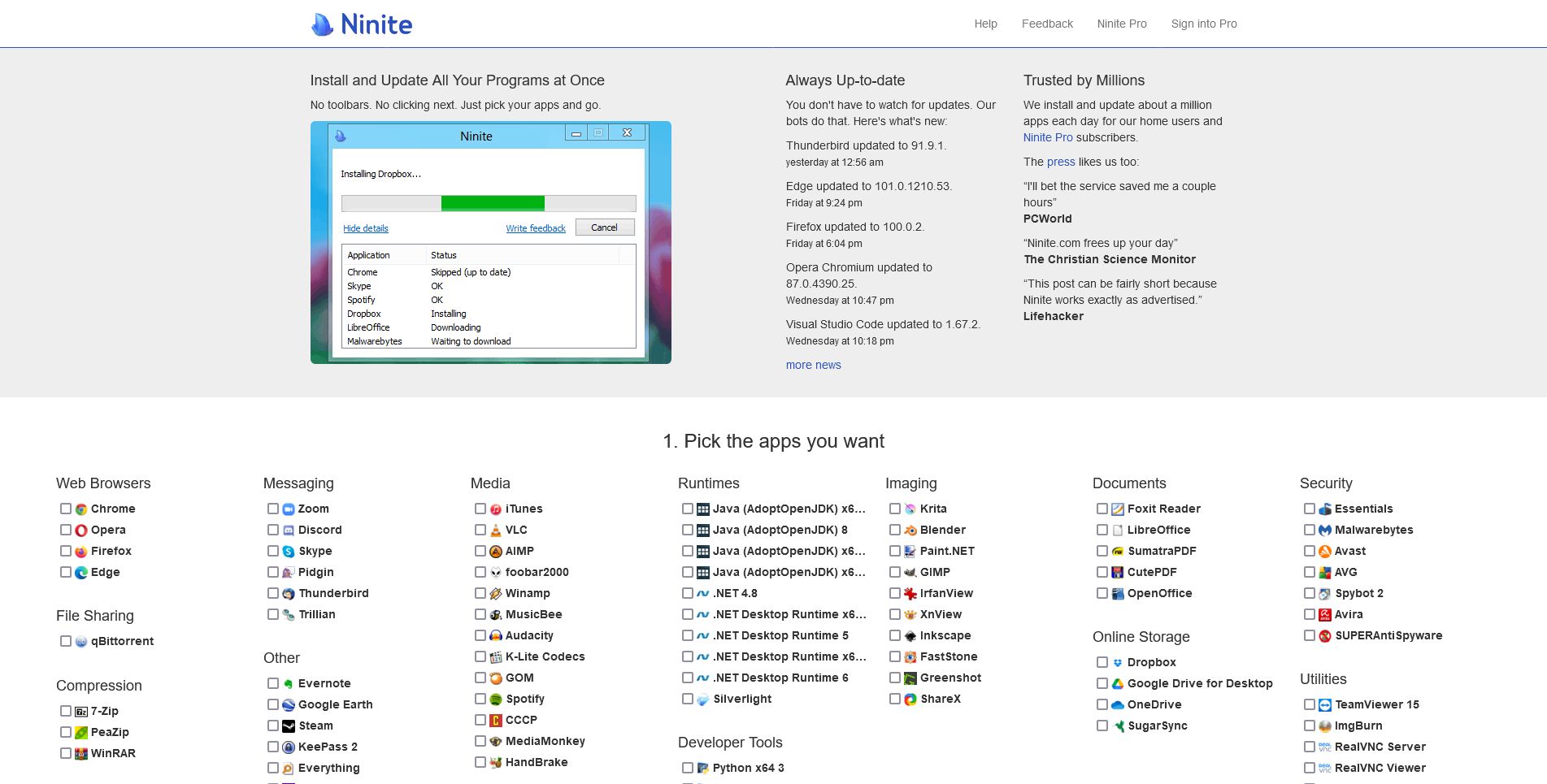 Скриншот сайта Ninite, выбор приложений