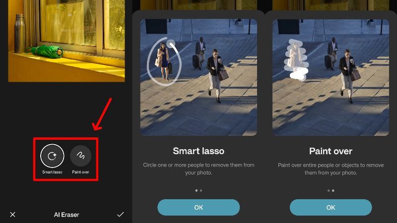 Фото: демонстрация режима Smart lasso и Paint over в AI Eraser